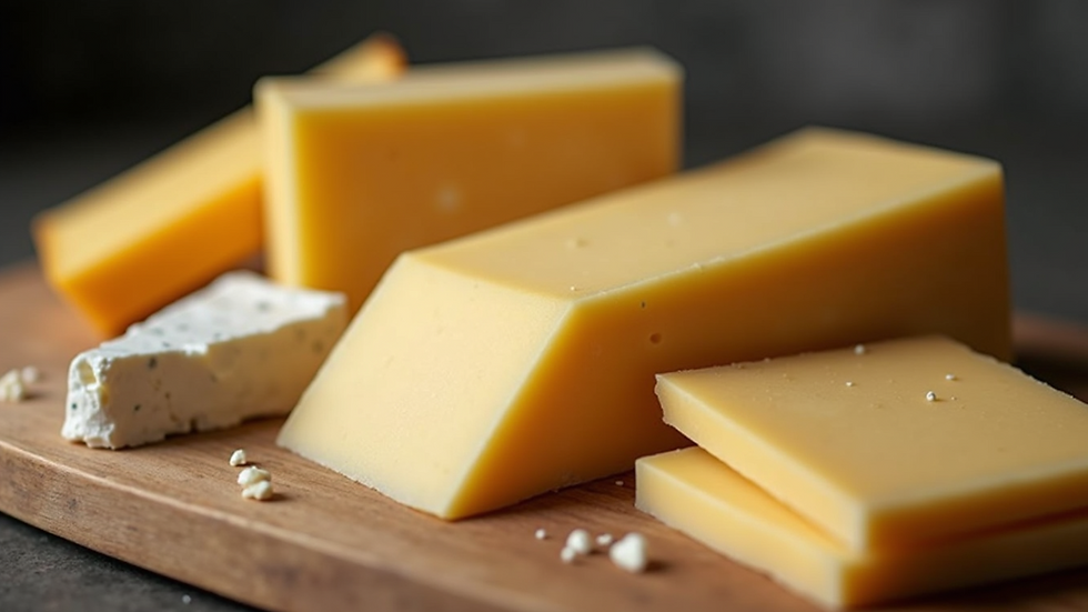Eye-level view of a selection of artisan cheese