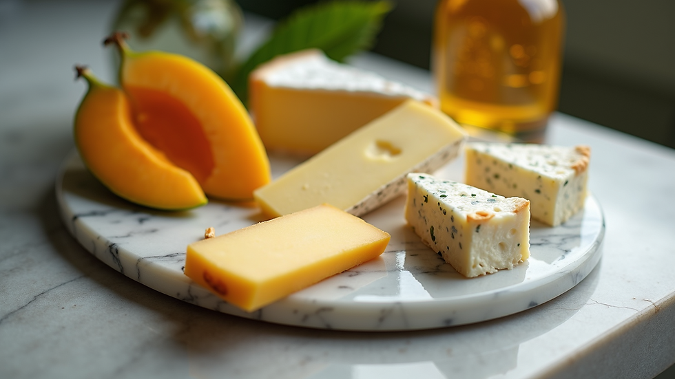 Eye-level view of a marble cheese board with assorted cheeses and tropical fruit accents