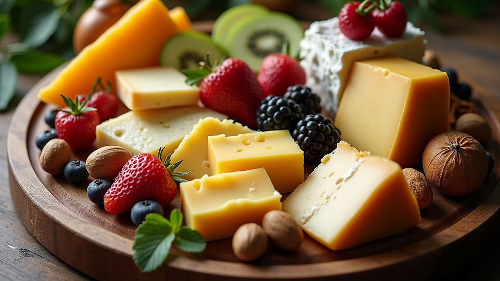 High angle view of a luxury cheese board with assorted cheeses, fruits, and nuts