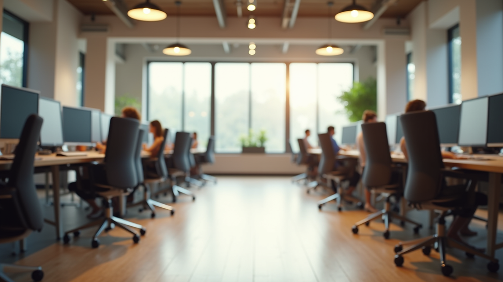 Eye-level view of a modern coworking space with desks and natural light