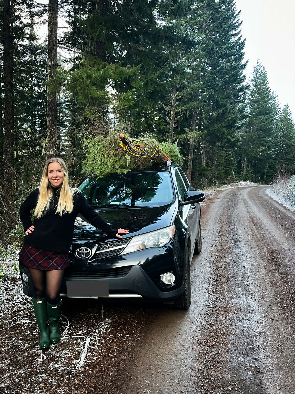 A woman standing in front of a black SUV with a Christmas tree strapped to the top, on a snowy forest road