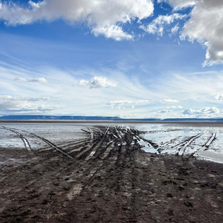 tire tracks on a muddy lakebed