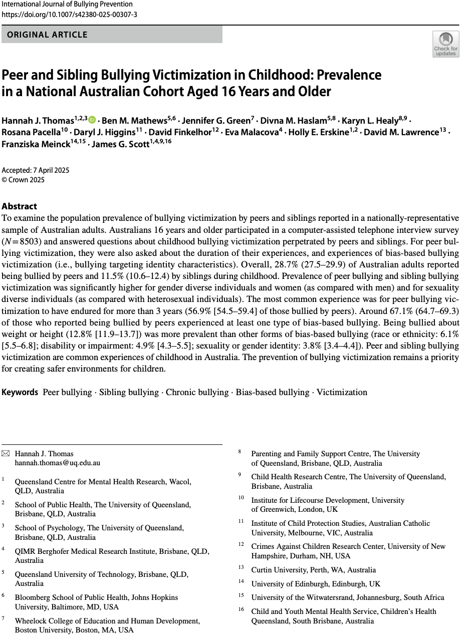 Peer and sibling bullying victimization in childhood