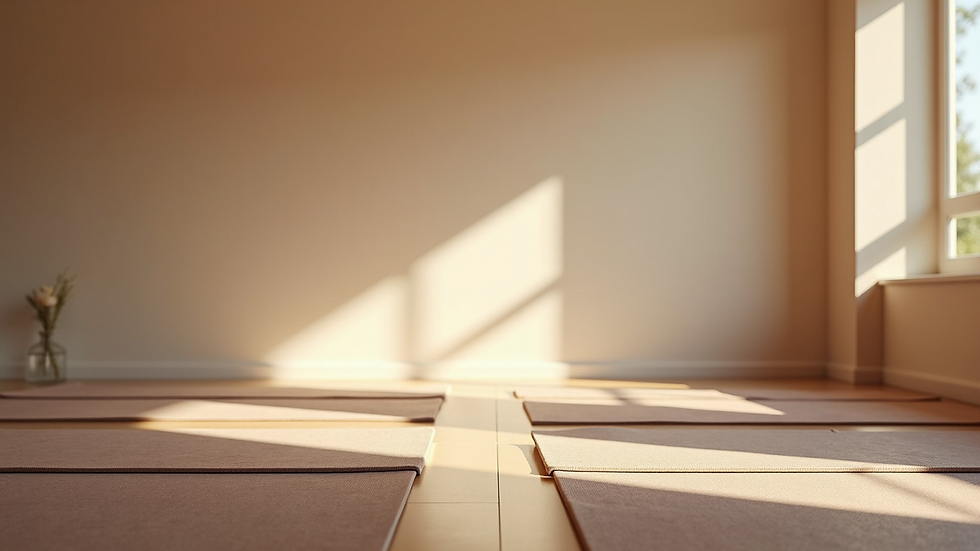 Eye-level view of a calm yoga studio with mats arranged neatly