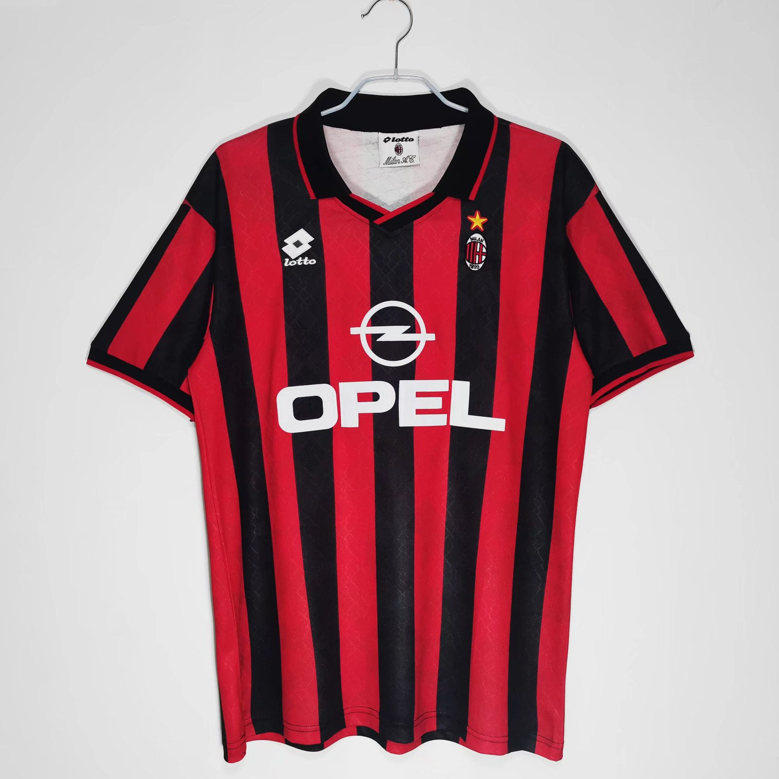 AC Milan retro jersey, red and black stripes, Opel sponsor, Lotto logo, Nostalgia Retro Kit