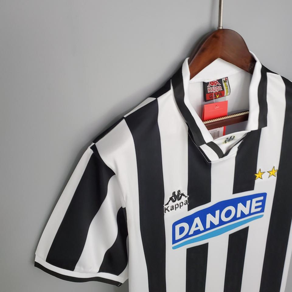 Thumbnail: Juventus home retro kit with Kappa and Danone logos, black and white stripes 1994/1995 JUVENTUS HOME RETRO KIT Nostalgia Retro Kit.