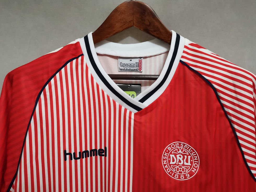 Thumbnail: Denmark football shirt red and white with hummel logo and DBU emblem. Retro Kit
