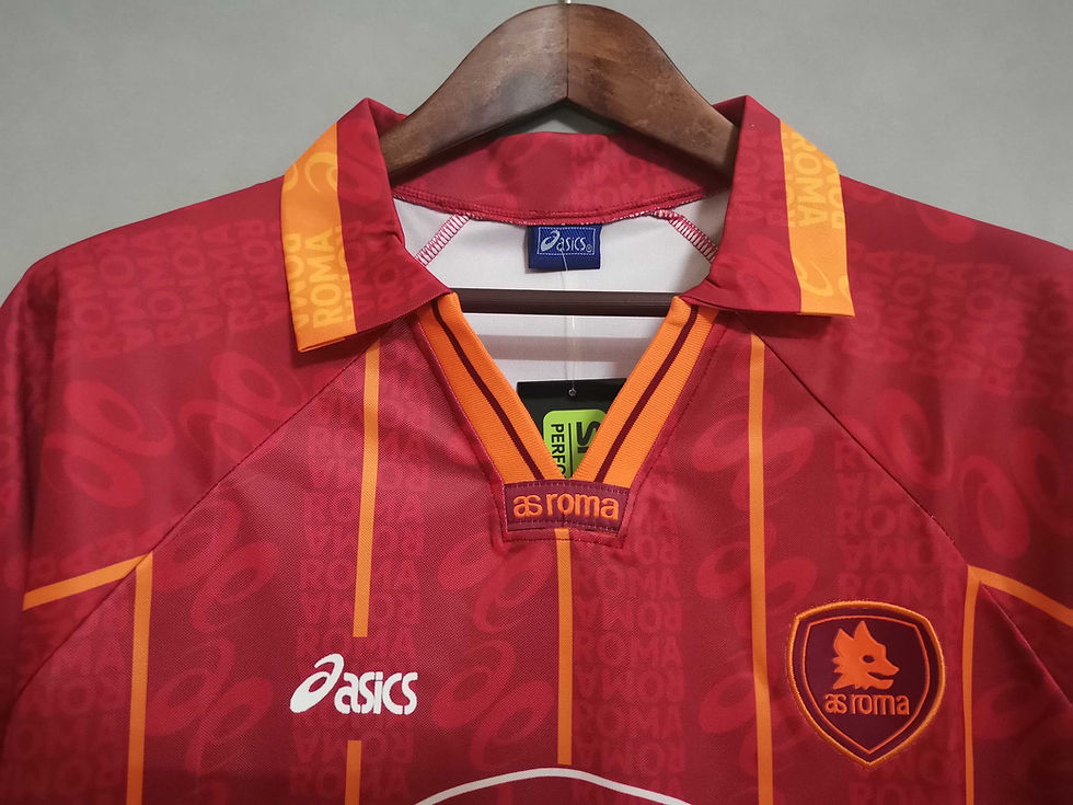 Thumbnail: ASICS, Lo Scolpito, 1996/1997 A.S. ROMA HOME RETRO KIT, red and yellow football jersey. Nostalgia Retro Kit.