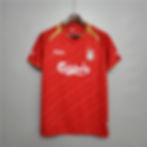 Red Liverpool football jersey with Carlsberg logo and Reebok branding. Nostalgia Retro Kit.