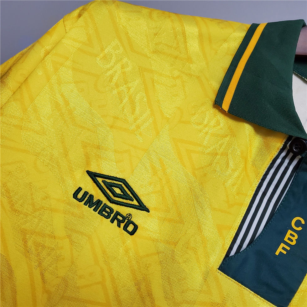 Thumbnail: Yellow Umbro jersey with green collar and the CBF tag; Nostalgia Retro Kit