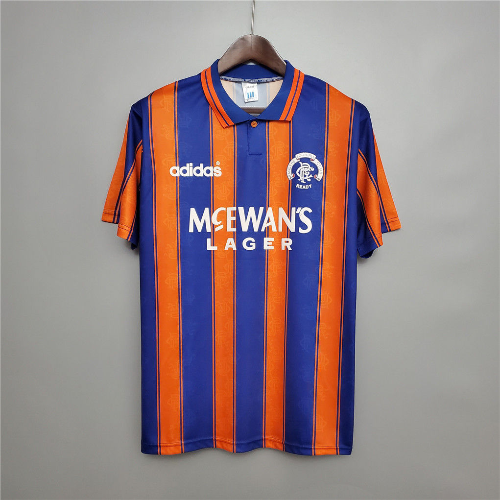 Adidas McEwan's Lager retro jersey, blue and orange stripes, nostalgic retro kit.
