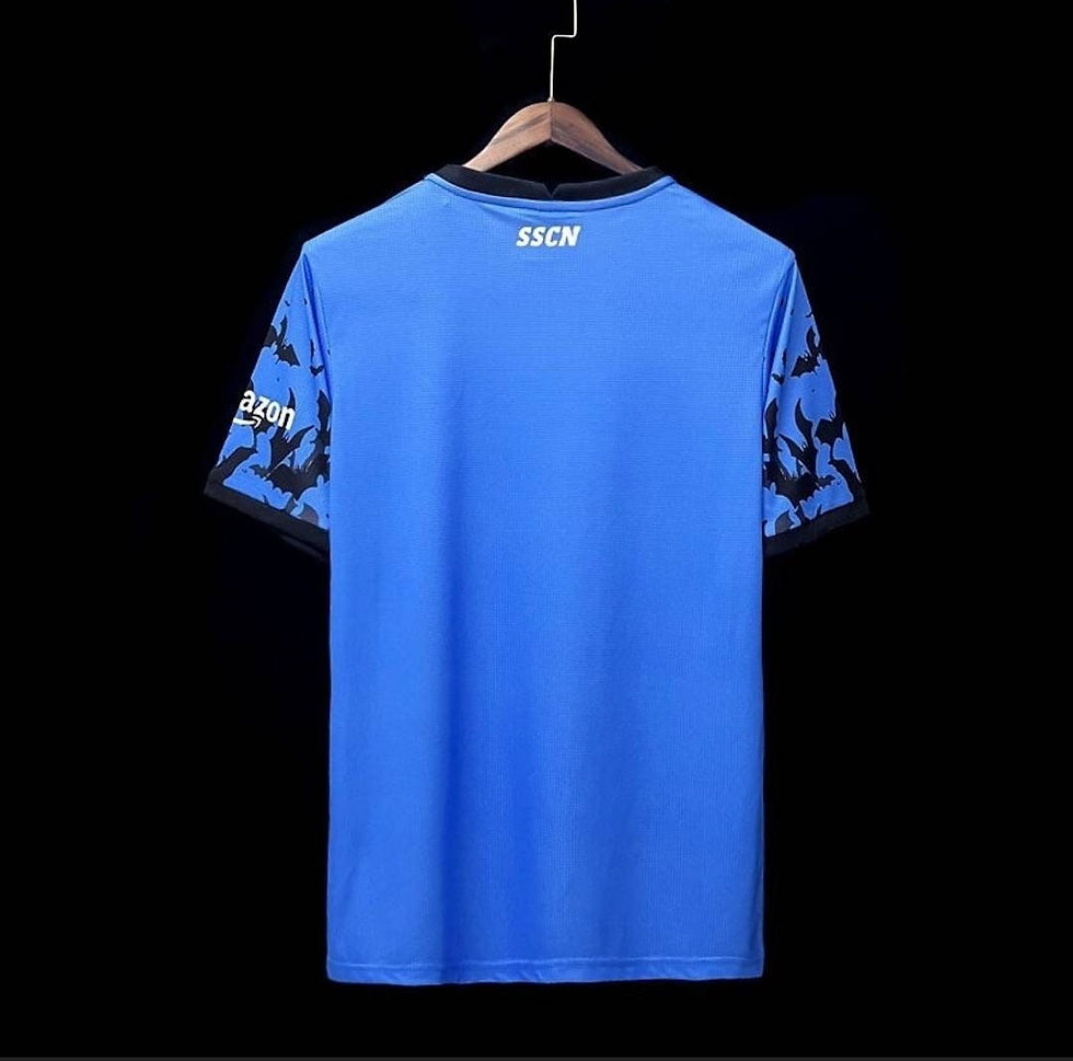 Thumbnail: Blue football shirt with back view and text. Nostalgia Retro Kit.