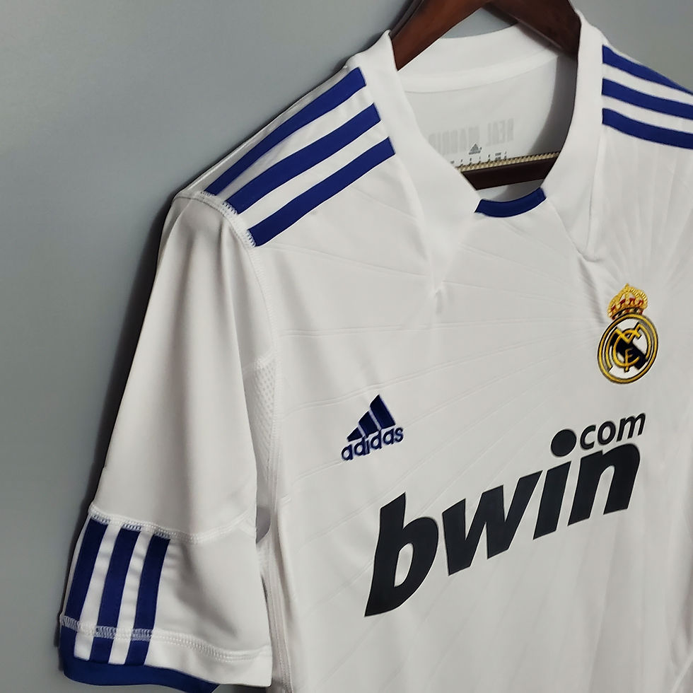 Thumbnail: White Real Madrid jersey with Adidas logo and bwin text. Nostalgia Retro Kit