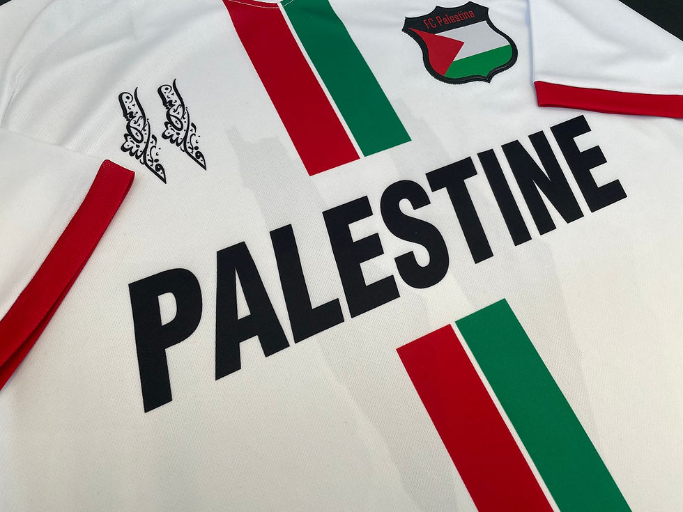 Thumbnail: Palestine jersey with text and logo design, red and green stripes, vintage style.