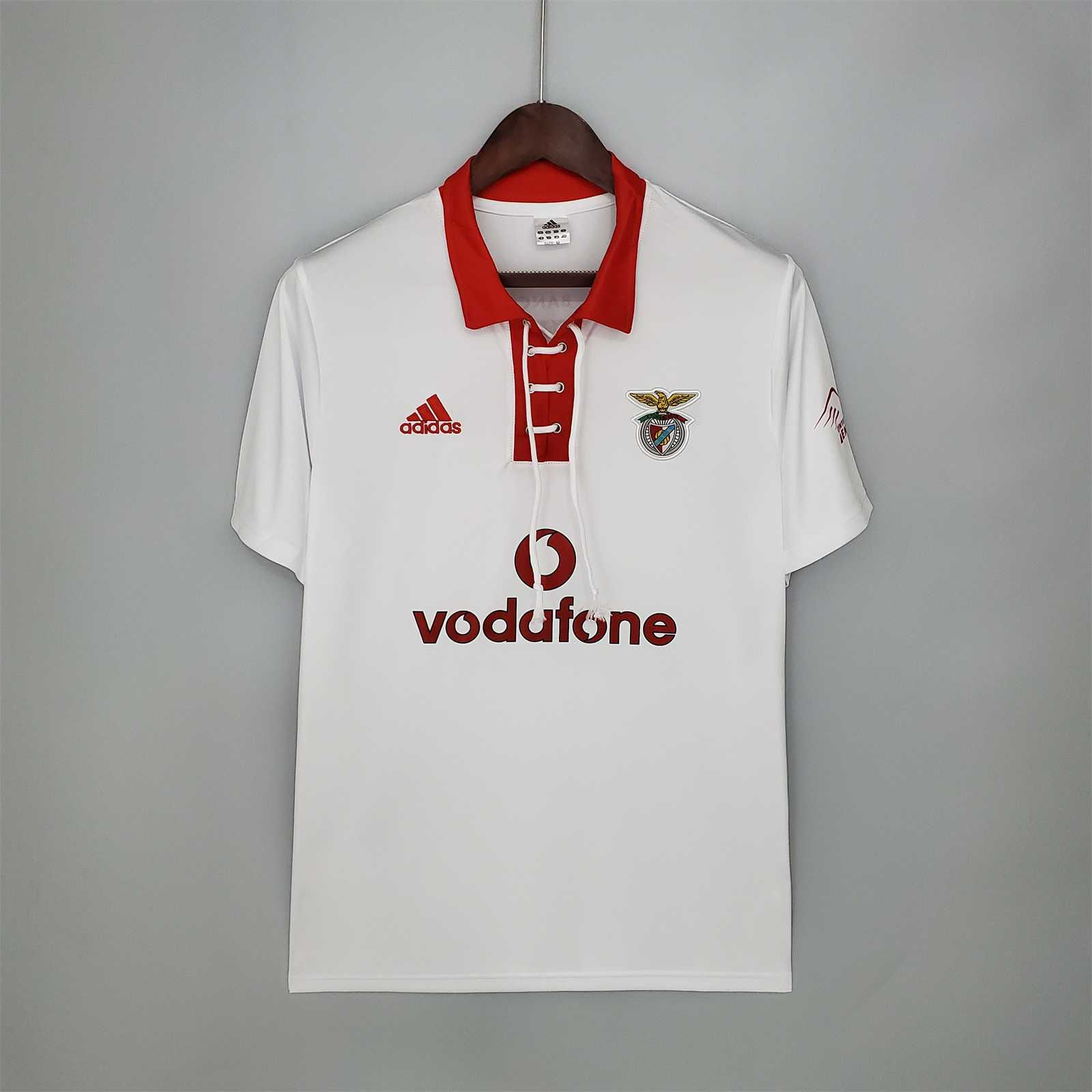 White Adidas Benfica jersey with red accents and Vodafone logo, retro kit