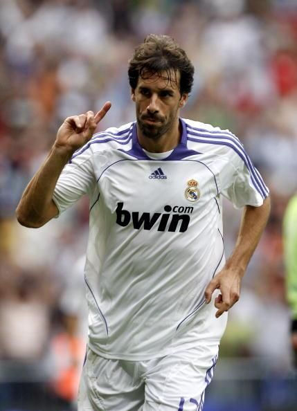 Football player Raúl González in Real Madrid kit pointing. bwin sponsor.