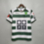 Sporting CP 2001/2003 home shirt featuring 'PT' logo and green stripes, retro kit.
