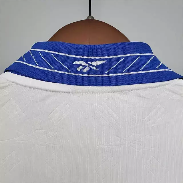Thumbnail: White jersey with blue collar and Reebok logo, 1999/2000 PARIS SAINT GERMAIN AWAY SILVER RETRO FOOTBALL KIT PSG.
