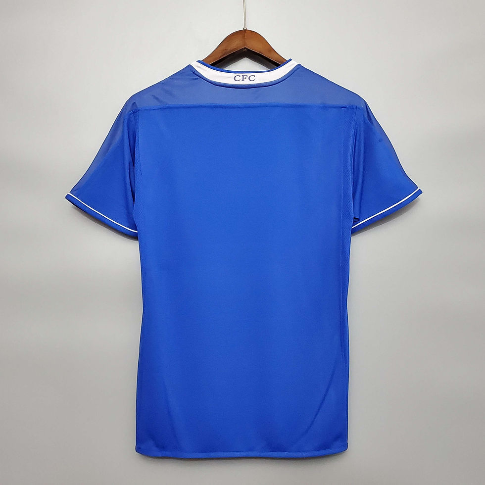 Thumbnail: Blue football jersey with white trim, back view, on a hanger. Nostalgia Retro Kit