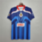 Blue and white jersey with Bimbo logo and Chivas logo. Nostalgia Retro Kit