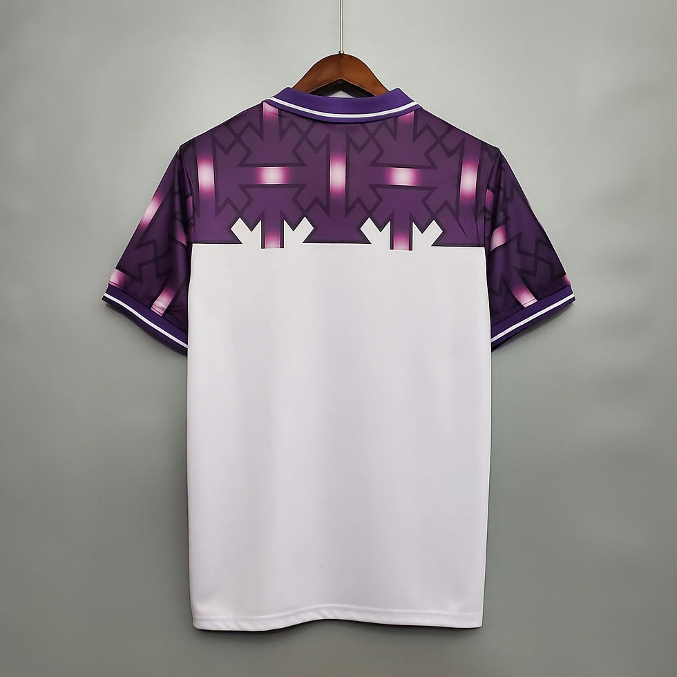 Thumbnail: Back of white and purple retro football kit with collar detail. Nostalgia Retro Kit