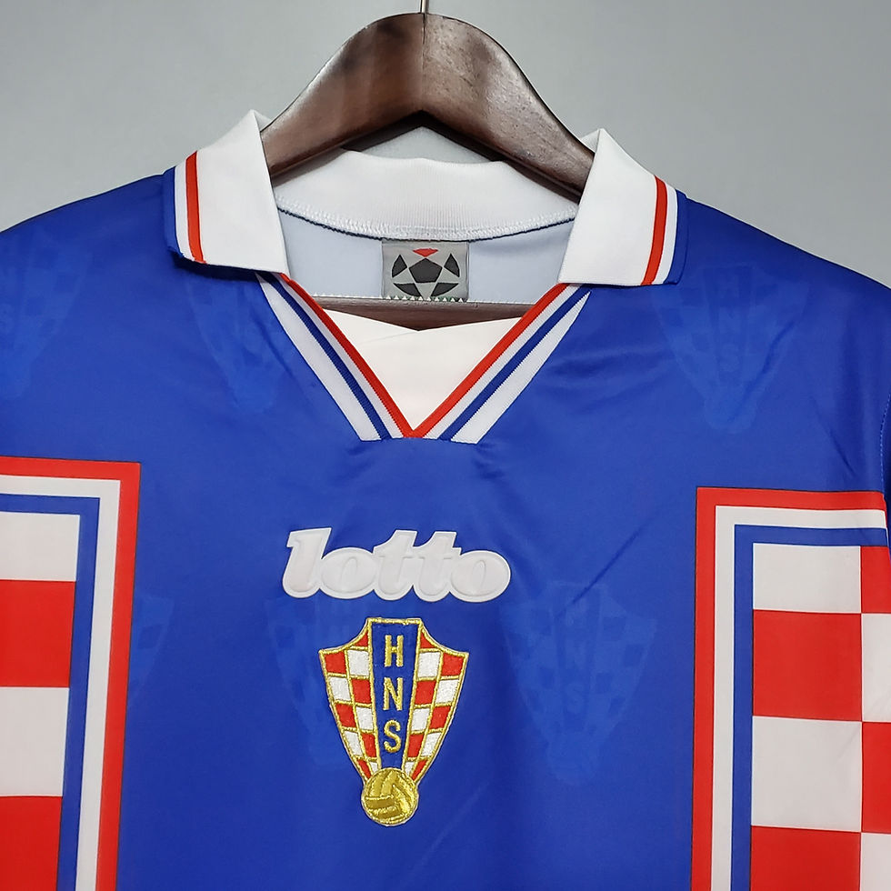 Thumbnail: Blue Croatia jersey with Lotto logo and checkerboard pattern; Nostalgia Retro Kit
