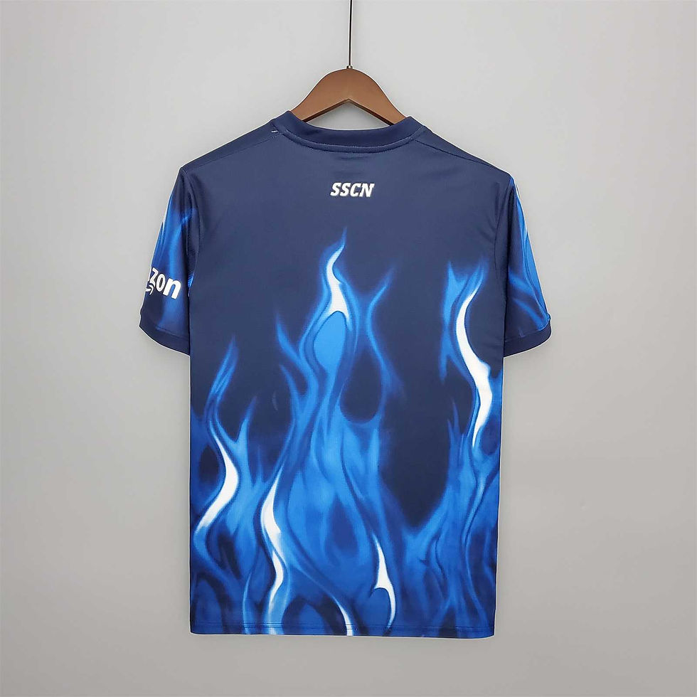 Thumbnail: Blue flames football shirt back view, brand logo, Nostalgia Retro Kit.