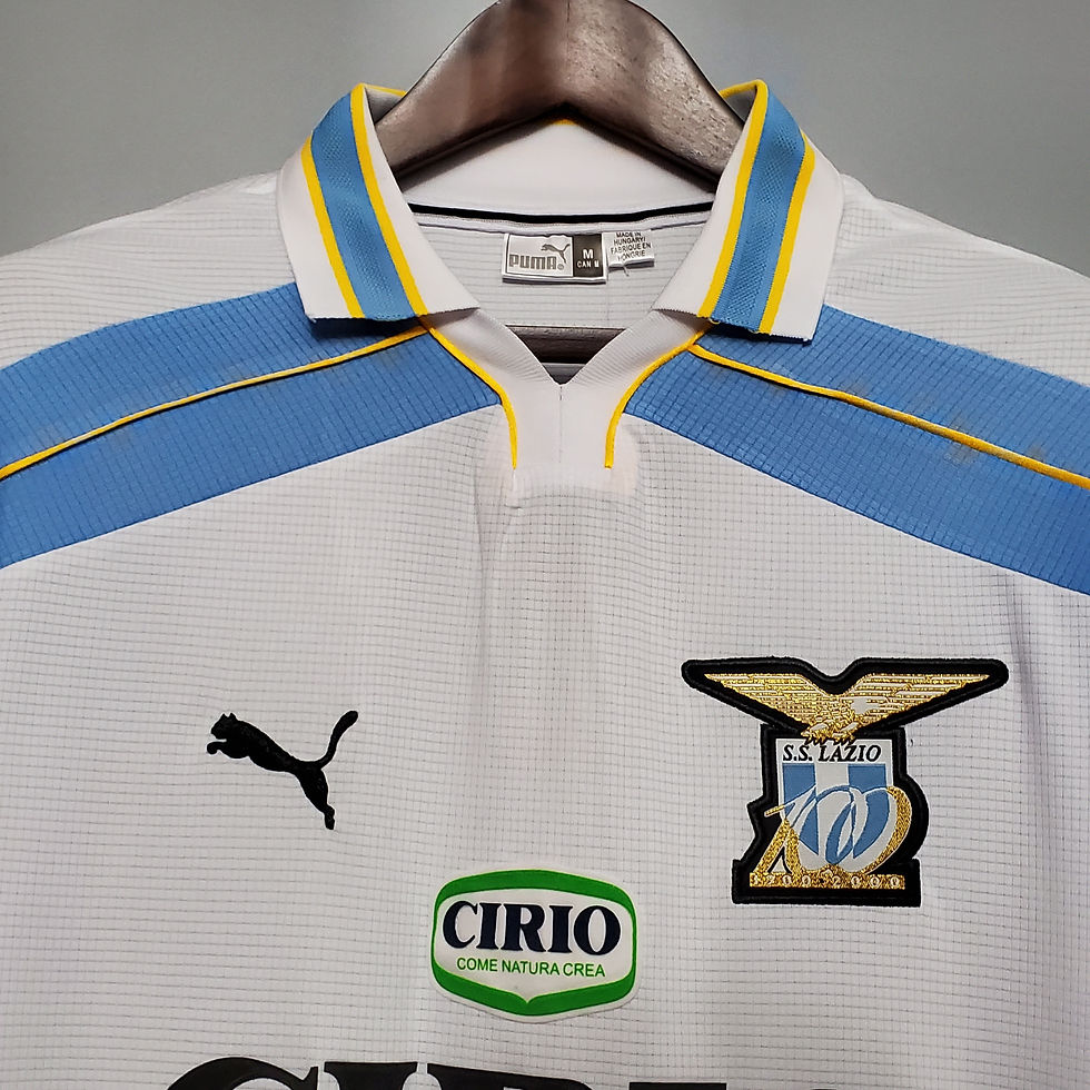 Thumbnail: White and sky blue Lazio retro shirt with Cirio logo, Puma logo, and text.