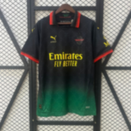 Black and green AC Milan jersey with Emirates Fly Better logo, 2024/2025 AC MILAN x OFF WHITE BLACK FOURTH SPECIAL EDITION SHIRT.