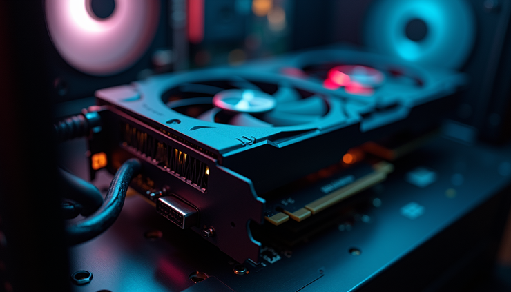 Vista lateral de una tarjeta gráfica gaming instalada en una PC con componentes de alta gama en Uruguay