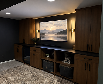 Teen hangout with custom walnut cabinetry, media console and warm wall sconces