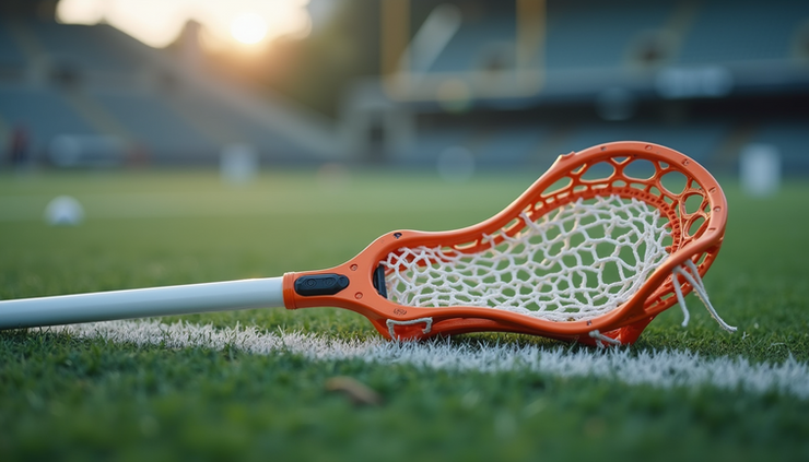 Eye-level view of a lacrosse stick with a well-strung pocket resting on green turf