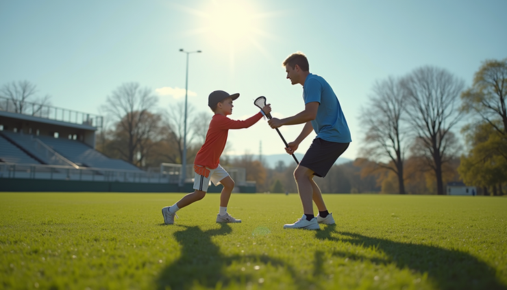 Eye-level view of a lacrosse coach demonstrating a drill to a young player on a grassy field