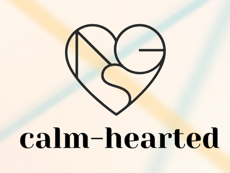 Calm-hearted logo featuring a minimalist heart-shaped line drawing with abstract circular and curved elements, above the lowercase text “calm-hearted,” on a soft cream background with pale blue and yellow accents.