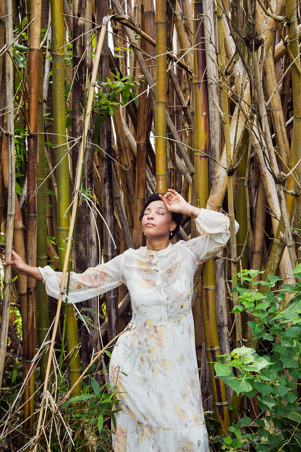 Woman reflecting in bamboo tree stalks