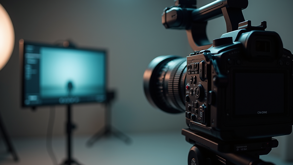 Close-up view of a camera filming a product demonstration in a studio