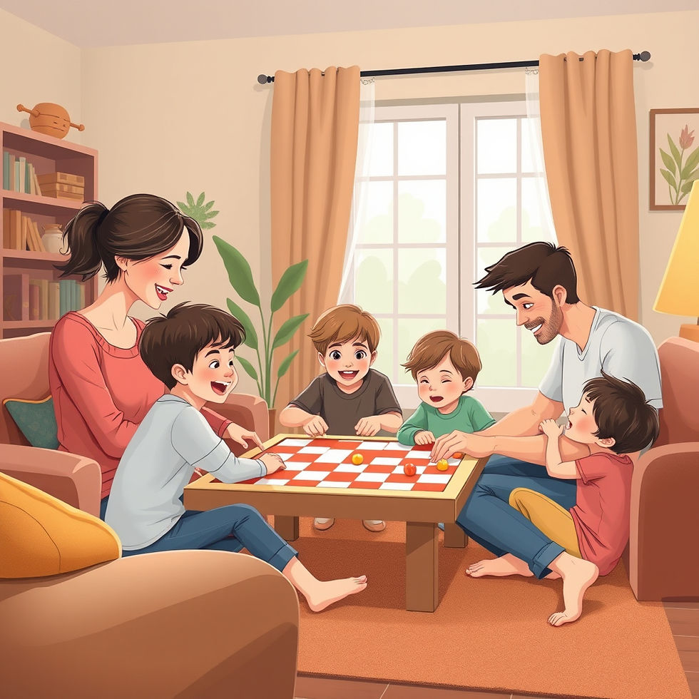 A family enjoys a cheerful game together in their cosy living room, creating happy memories around the game board.