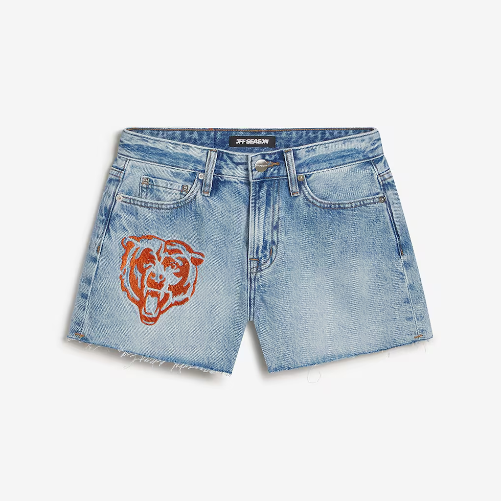 Light blue denim shorts with frayed hems and an orange bear face graphic; JFF SEASON label on waistband, on a white background