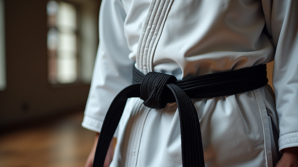 Close-up view of a martial arts belt tied neatly on a training uniform