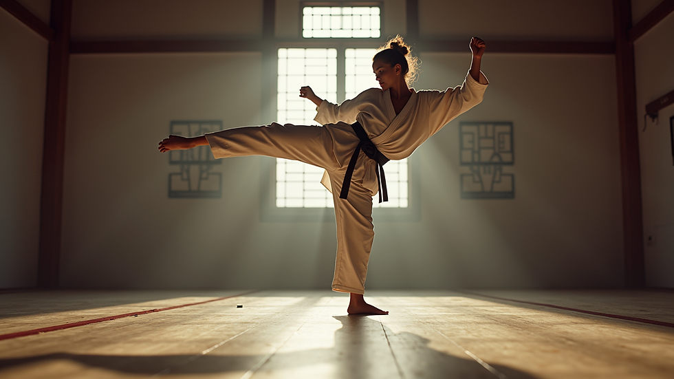 Eye-level view of a martial artist practicing a high kick in a dojo