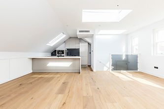 Flat No.1 Living Room and Kitchen interior design with Sky wells and Engineered wood floor in London Borough of Ealing