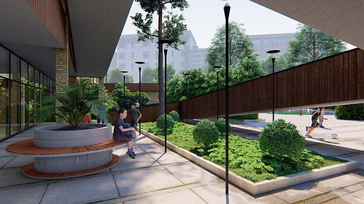 Eye level 3D Visualisation of the Elementary School’s area with chairs and playground in Tehran, Iran