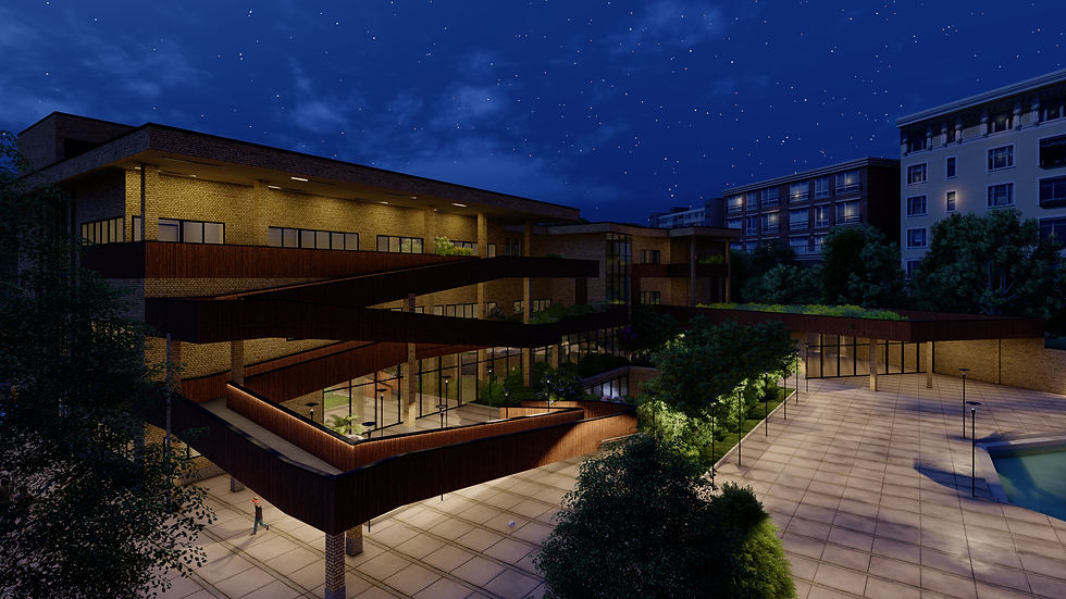 Bird view 3D Visualisation of night time of Elementary School design with Ramp in front of Building in Eyvanak, Iran