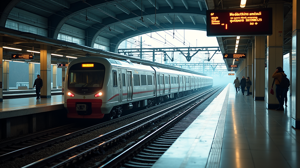 High angle view of a modern train station platform with a waiting train