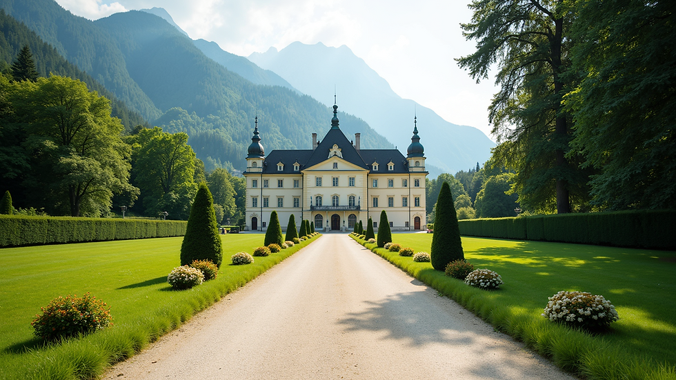 Wide angle view of Mirabell Palace and gardens in Salzburg on a sunny day