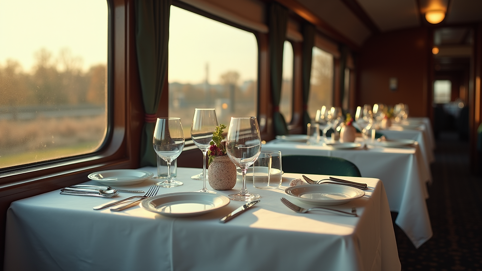 Close-up view of an elegantly set dining table on a train