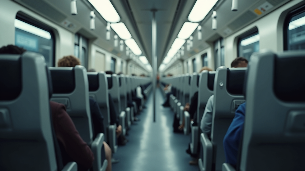 Eye-level view of a modern high-capacity train interior with rows of comfortable seats