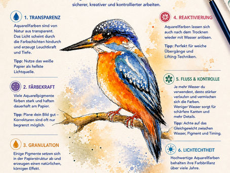 Infografik über die Eigenschaften von Aquarellfarben mit Eisvogel-Aquarellbild und Erklärungen zu Transparenz, Granulation, Wasserkontrolle, Reaktivierung und Lichtechtheit.