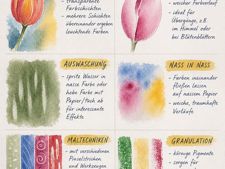 Illustration zu Aquarellfarben Eigenschaften und Effekten mit Beispielen für Lasuren, Nass-in-Nass-Technik, Granulation und weiche Farbverläufe in der Aquarellmalerei.