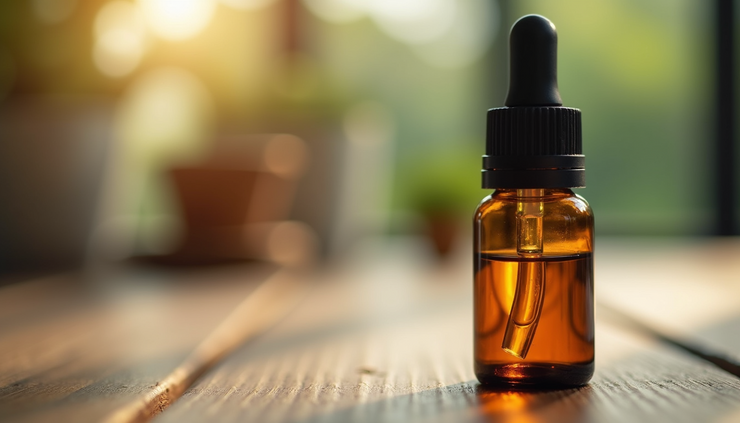 Eye-level view of a small amber glass bottle of CBD oil with a dropper on a wooden table